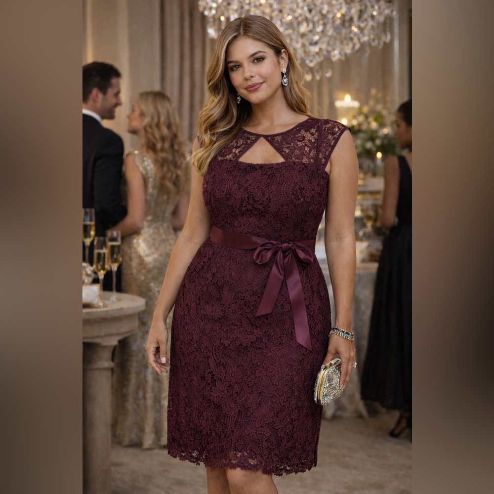 Adrianna Papell Plum Burgundy Lace Cocktail Dress with Satin Bow • Size 10